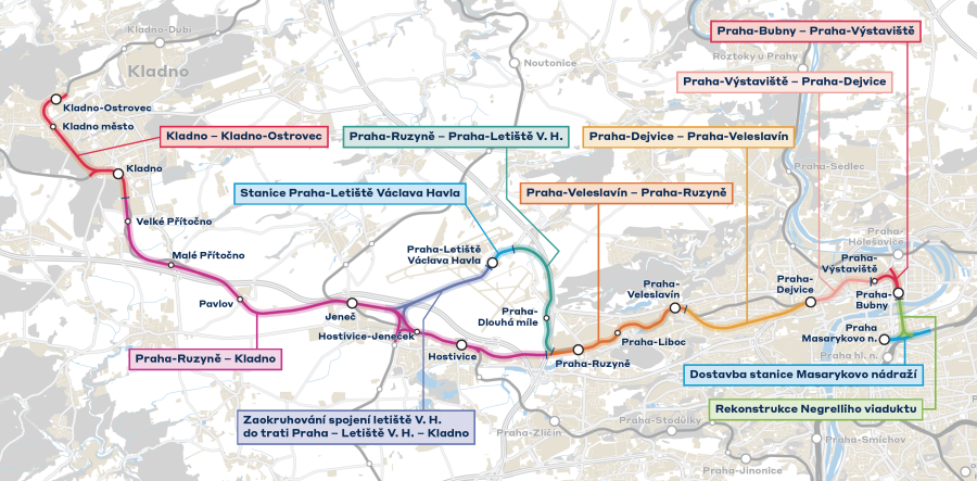 mapa výstavb yželezničné trati Praha-Kladno