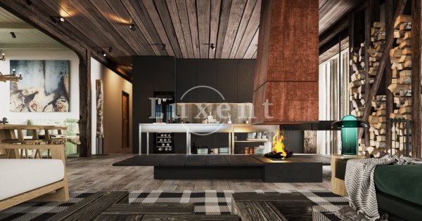 obývací pokoj s krbem