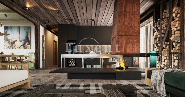 obývací pokoj s krbem