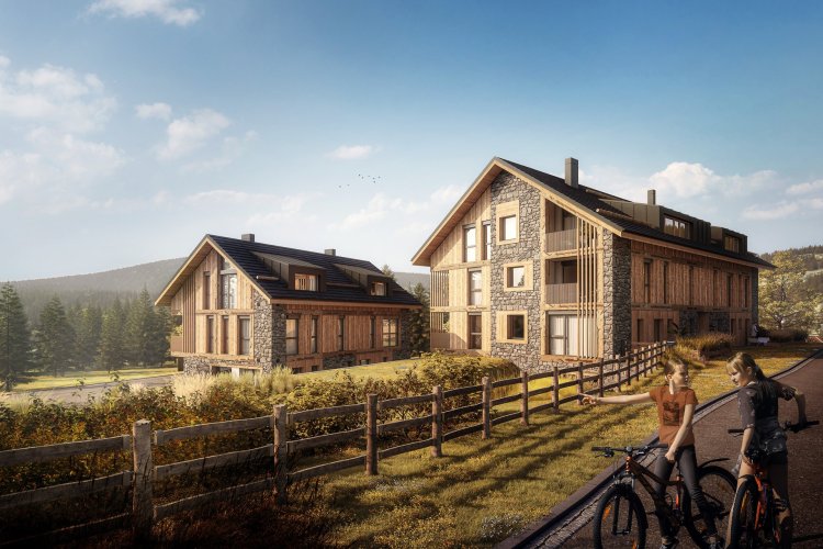 Prodej bytu 1+kk/T, 61,1 m² v horském projektu LAKA LIVING v obci Prášily, Národní park Šumava